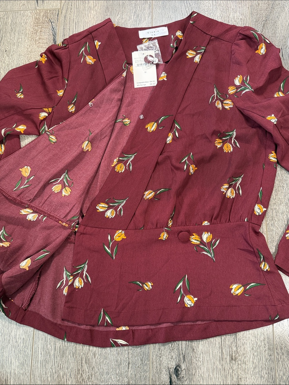 Elodie Burgundy Floral Wrap Blouse with Yellow Accent - Picture 5 of 9